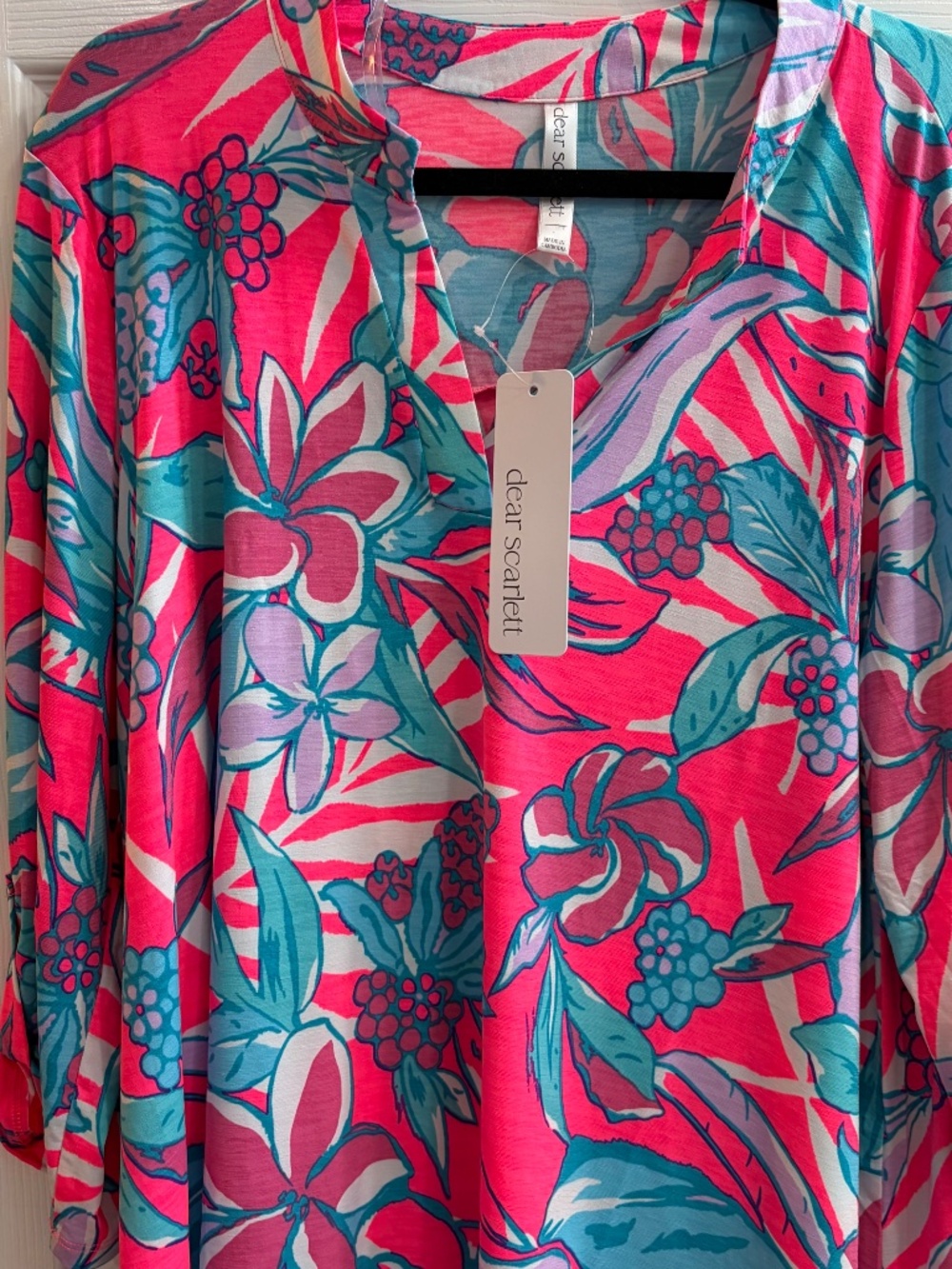New Dear Scarlett Pullover Shirt 3/4 Sleeve Roll Tab Blouse Floral Lightweight @ - Picture 4 of 6
